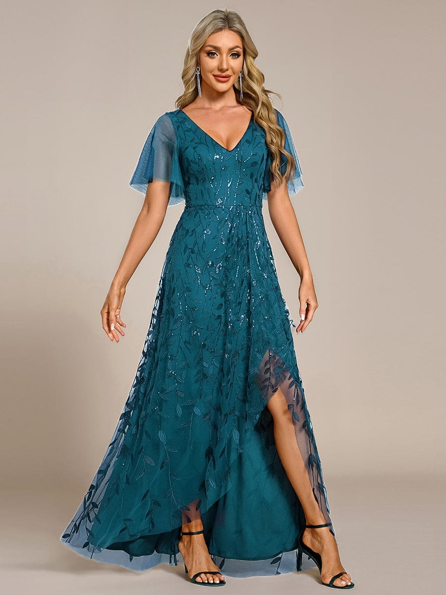 V-Neck Sequined Evening Dresses with High Slit #color_Teal