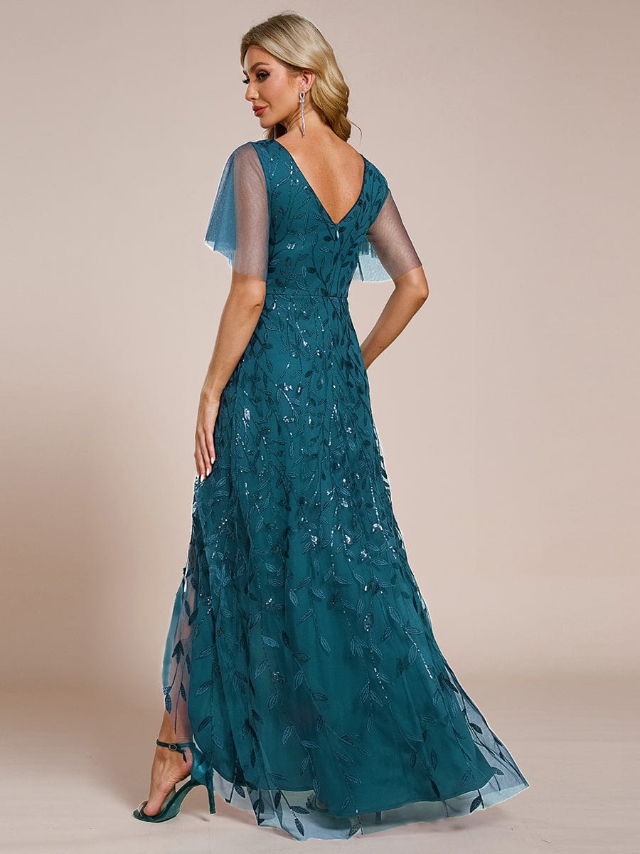 V-Neck Sequined Evening Dresses with High Slit #color_Teal