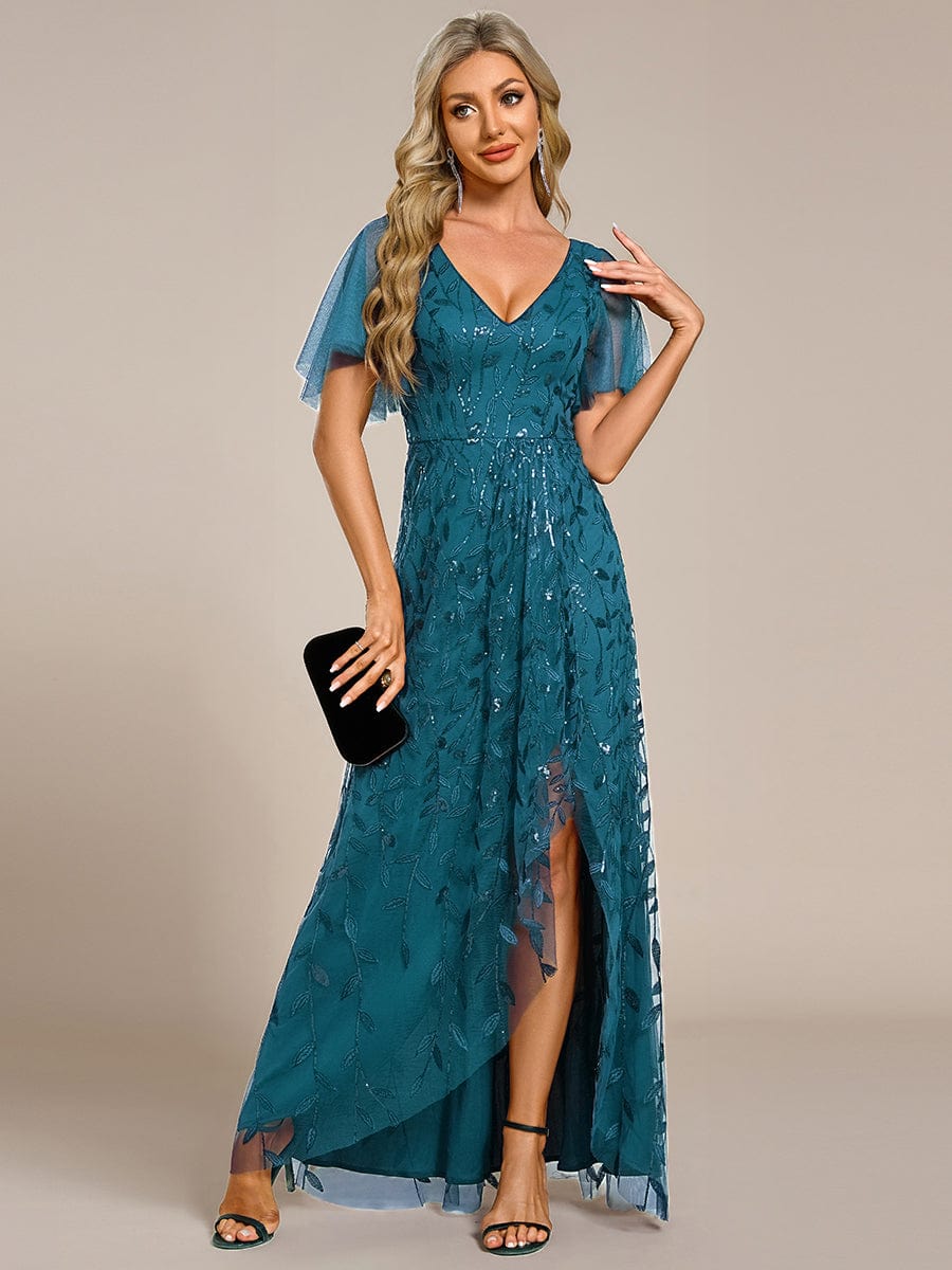 V-Neck Sequined Evening Dresses with High Slit #color_Teal