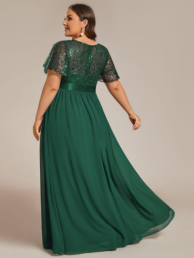 Plus Size High Waist Sequin Round-Neck Short-Sleeved Evening Dress #color_Dark Green