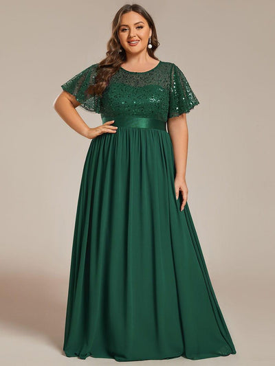 Plus Size High Waist Sequin Round-Neck Short-Sleeved Evening Dress #color_Dark Green