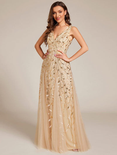 Sleeveless V-Neck Sequined A-Line Evening Dresses #color_Gold