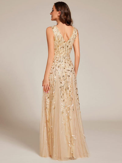 Sleeveless V-Neck Sequined A-Line Evening Dresses #color_Gold
