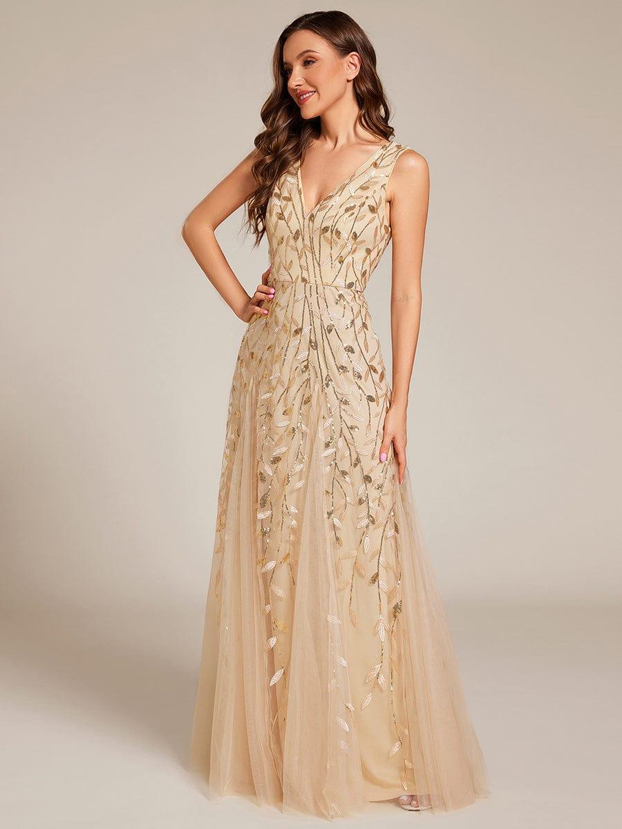 Sleeveless V-Neck Sequined A-Line Evening Dresses #color_Gold