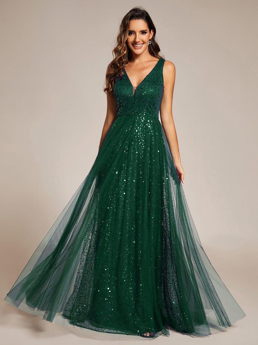 Sequined V-Neck Sleeveless See-Through Tulle Evening Dress #color_Dark Green