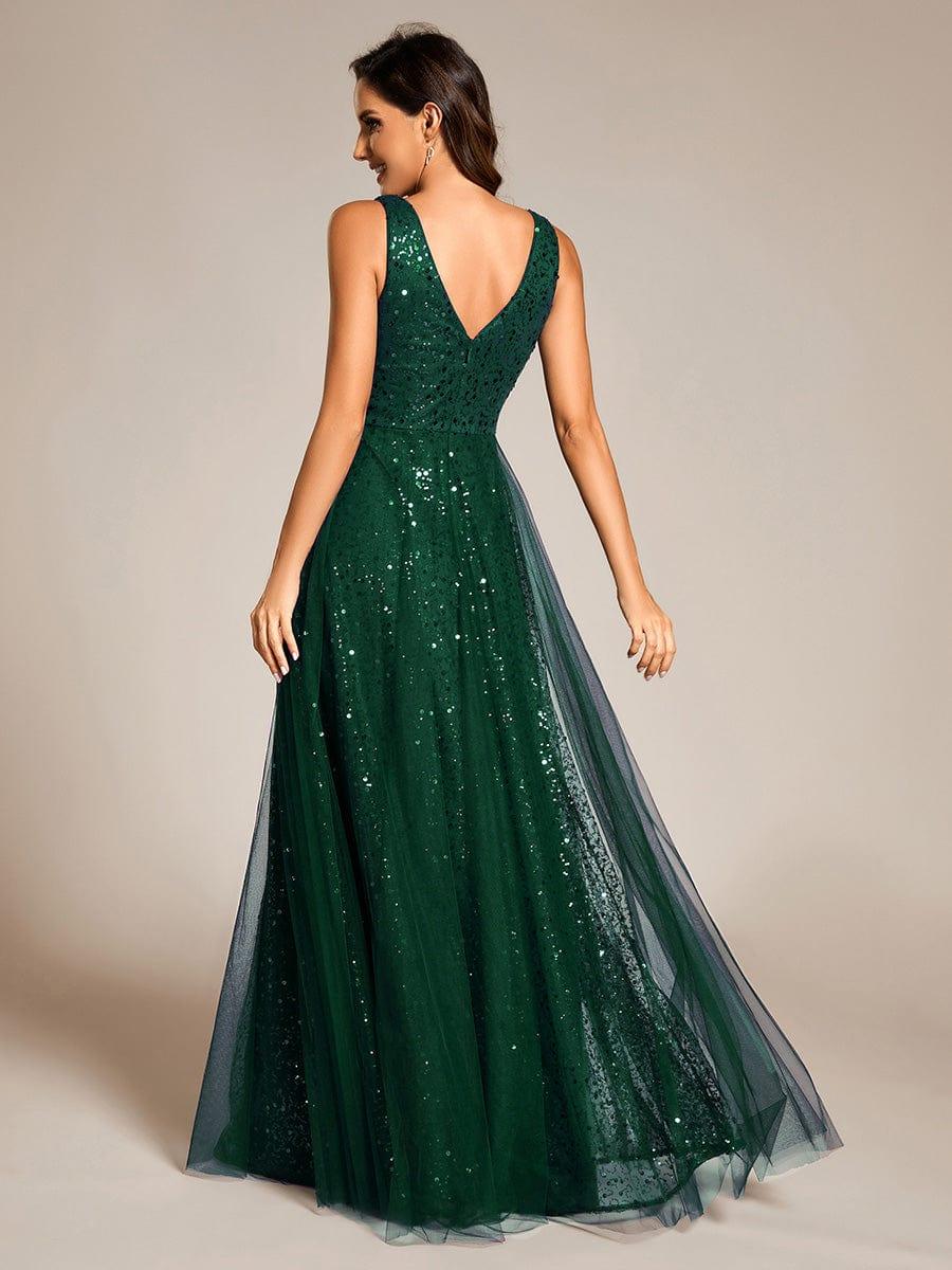 Sequined V-Neck Sleeveless See-Through Tulle Evening Dress #color_Dark Green