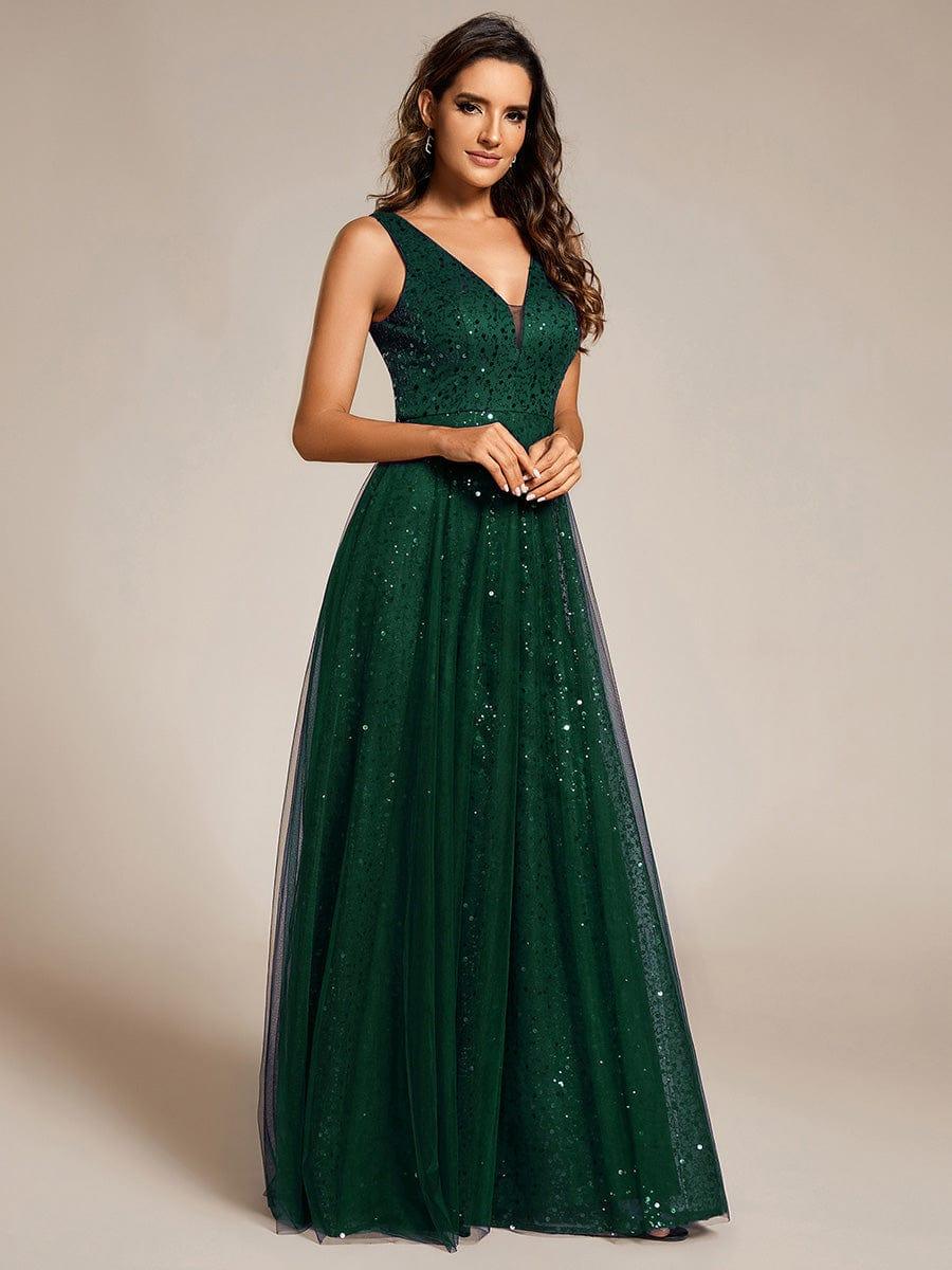 Sequined V-Neck Sleeveless See-Through Tulle Evening Dress #color_Dark Green