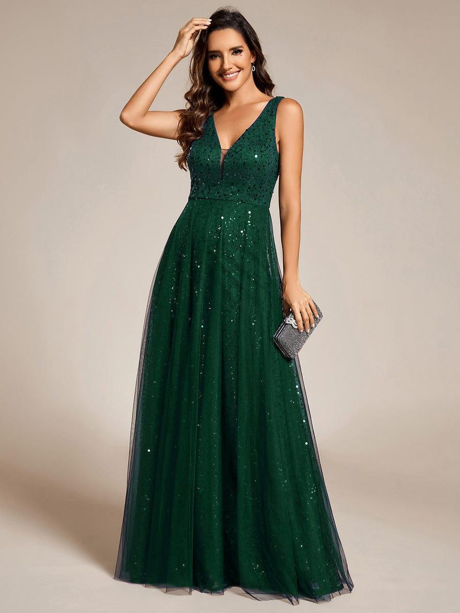 Sequined V-Neck Sleeveless See-Through Tulle Evening Dress #color_Dark Green