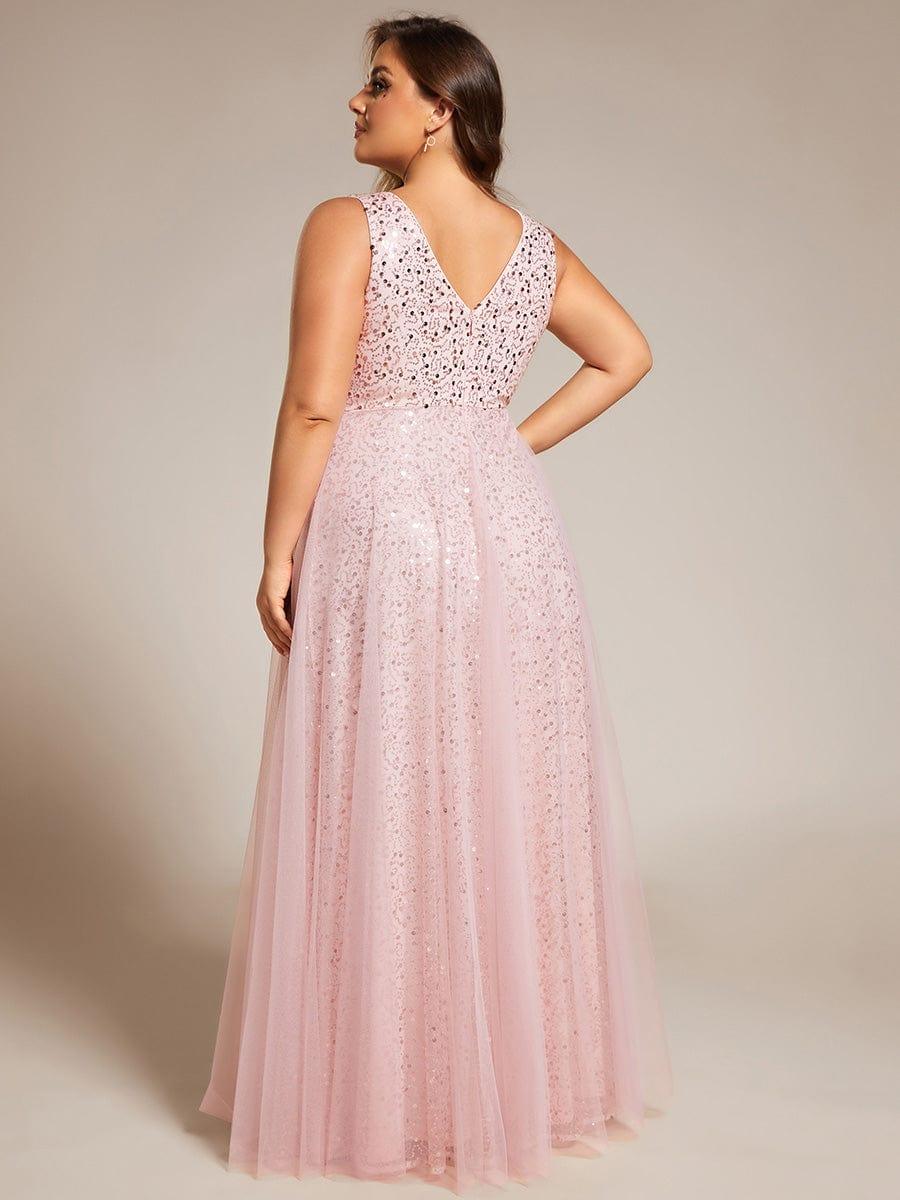 Sequined V-Neck Sleeveless See-Through Tulle Evening Dress #color_Pink
