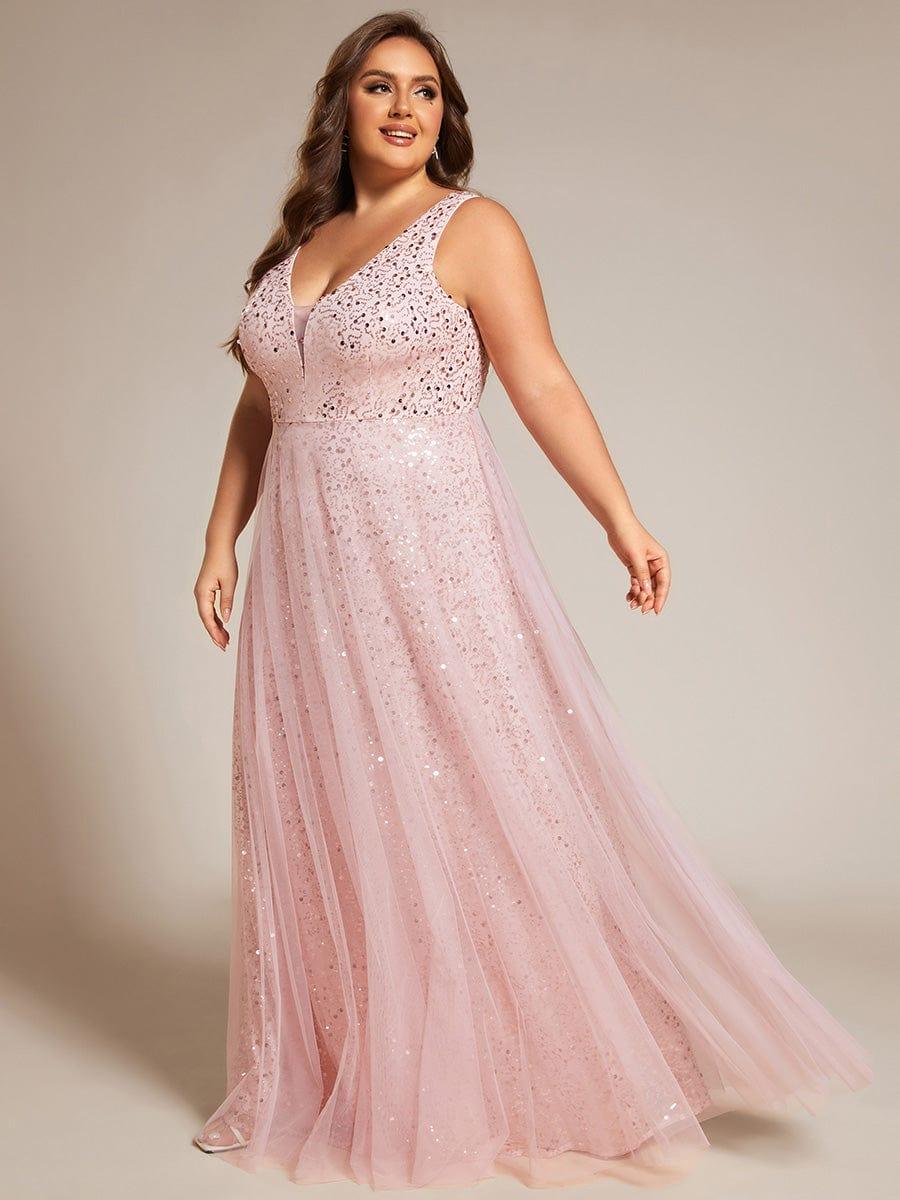 Sequined V-Neck Sleeveless See-Through Tulle Evening Dress #color_Pink