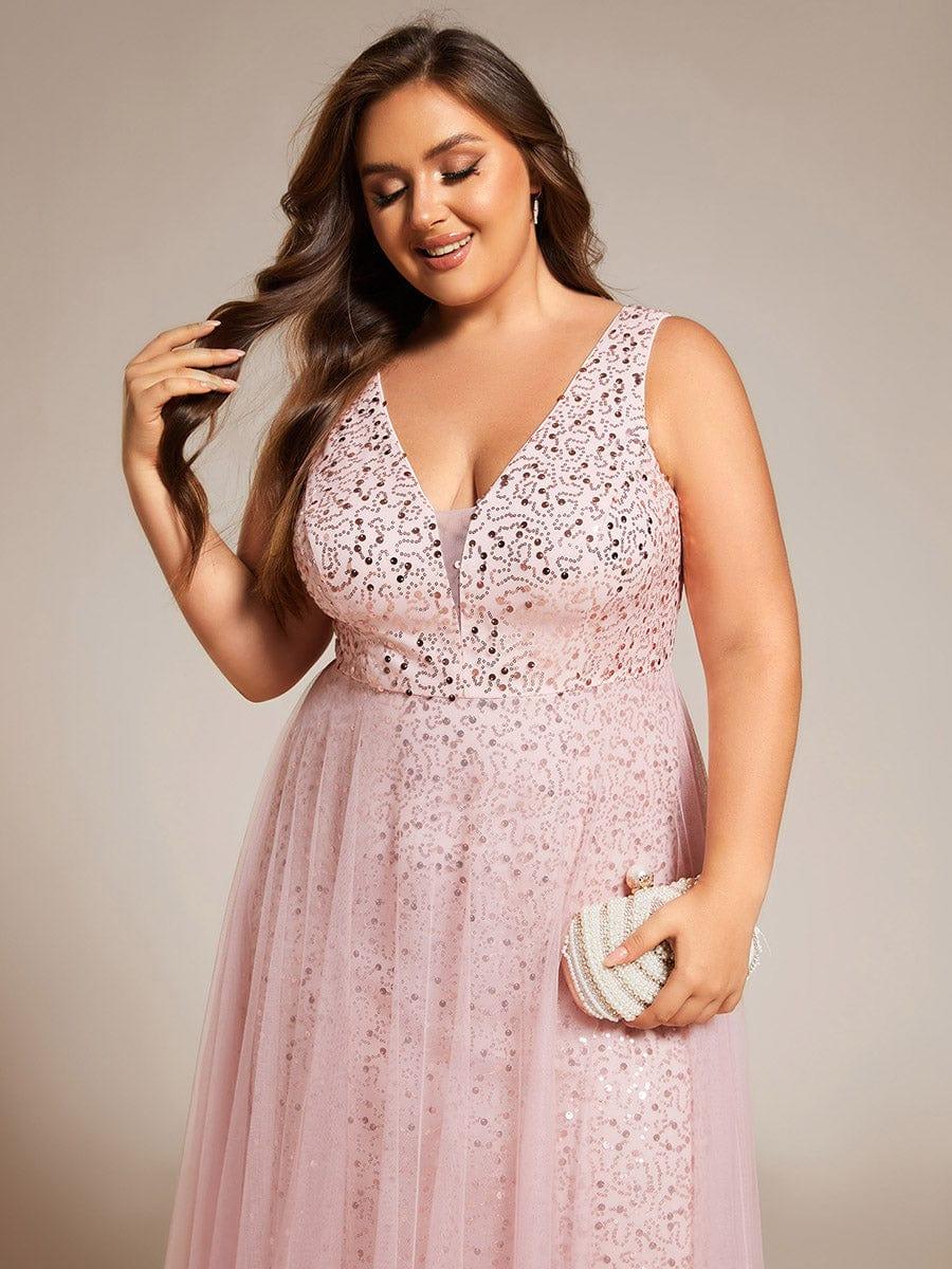 Sequined V-Neck Sleeveless See-Through Tulle Evening Dress #color_Pink