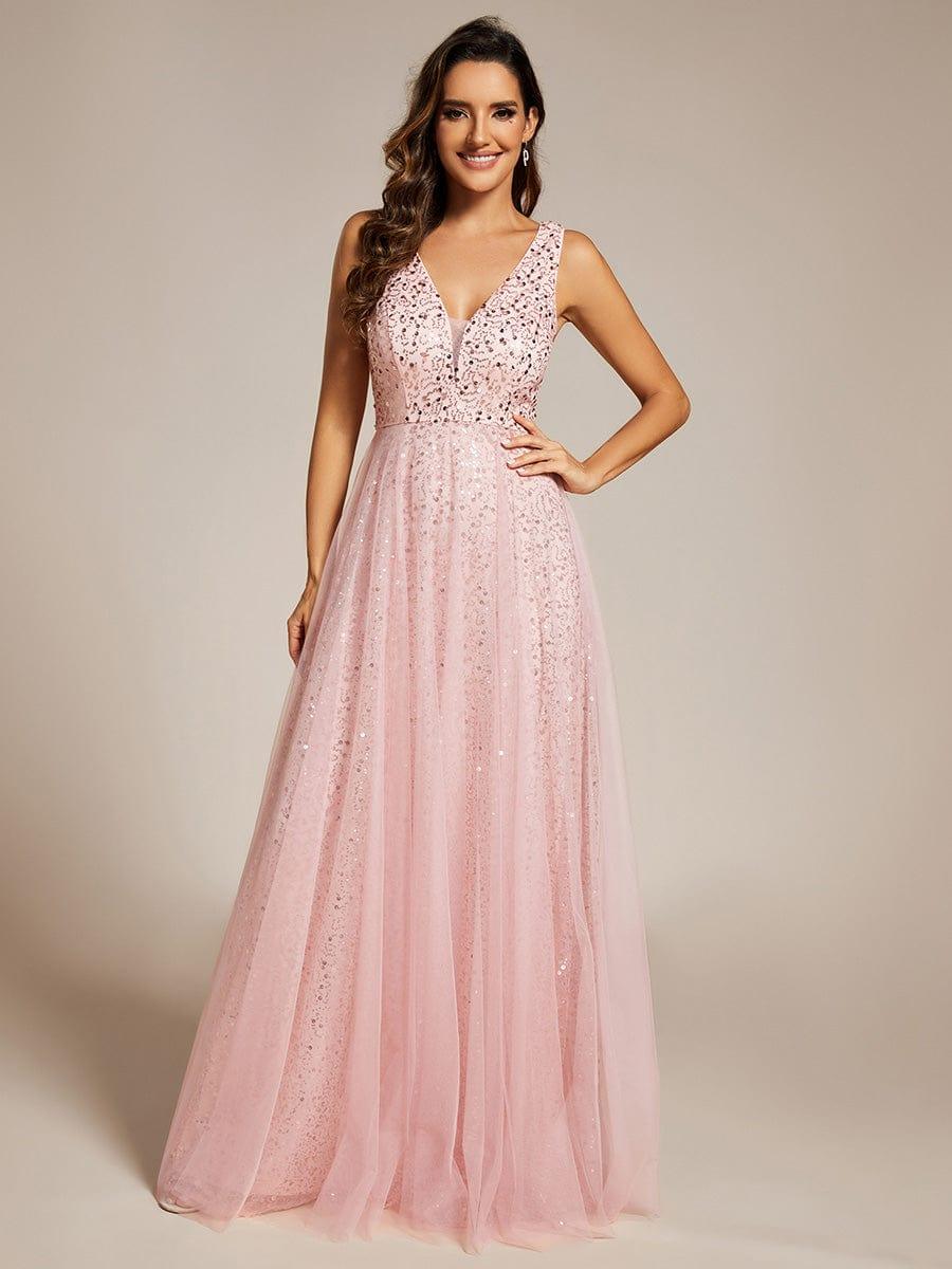 Sequined V-Neck Sleeveless See-Through Tulle Evening Dress #color_Pink