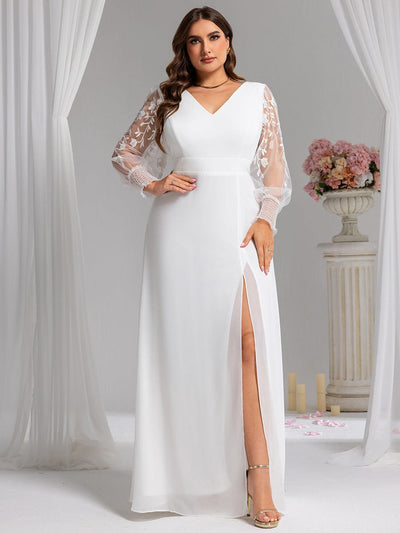 Thigh Split Chiffon Evening Maxi Dress With Sheer Embroidered Long Sleeves #color_White