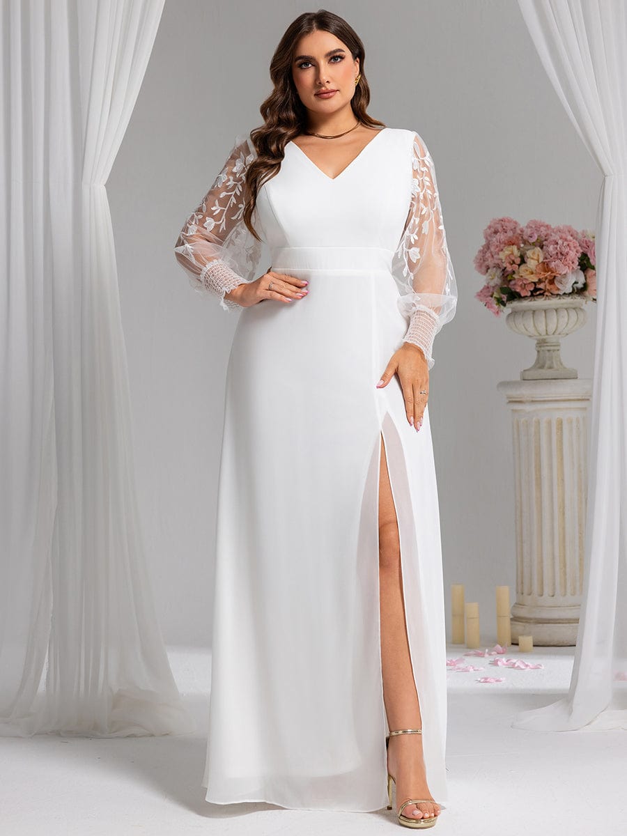 Thigh Split Chiffon Evening Maxi Dress With Sheer Embroidered Long Sleeves #color_White