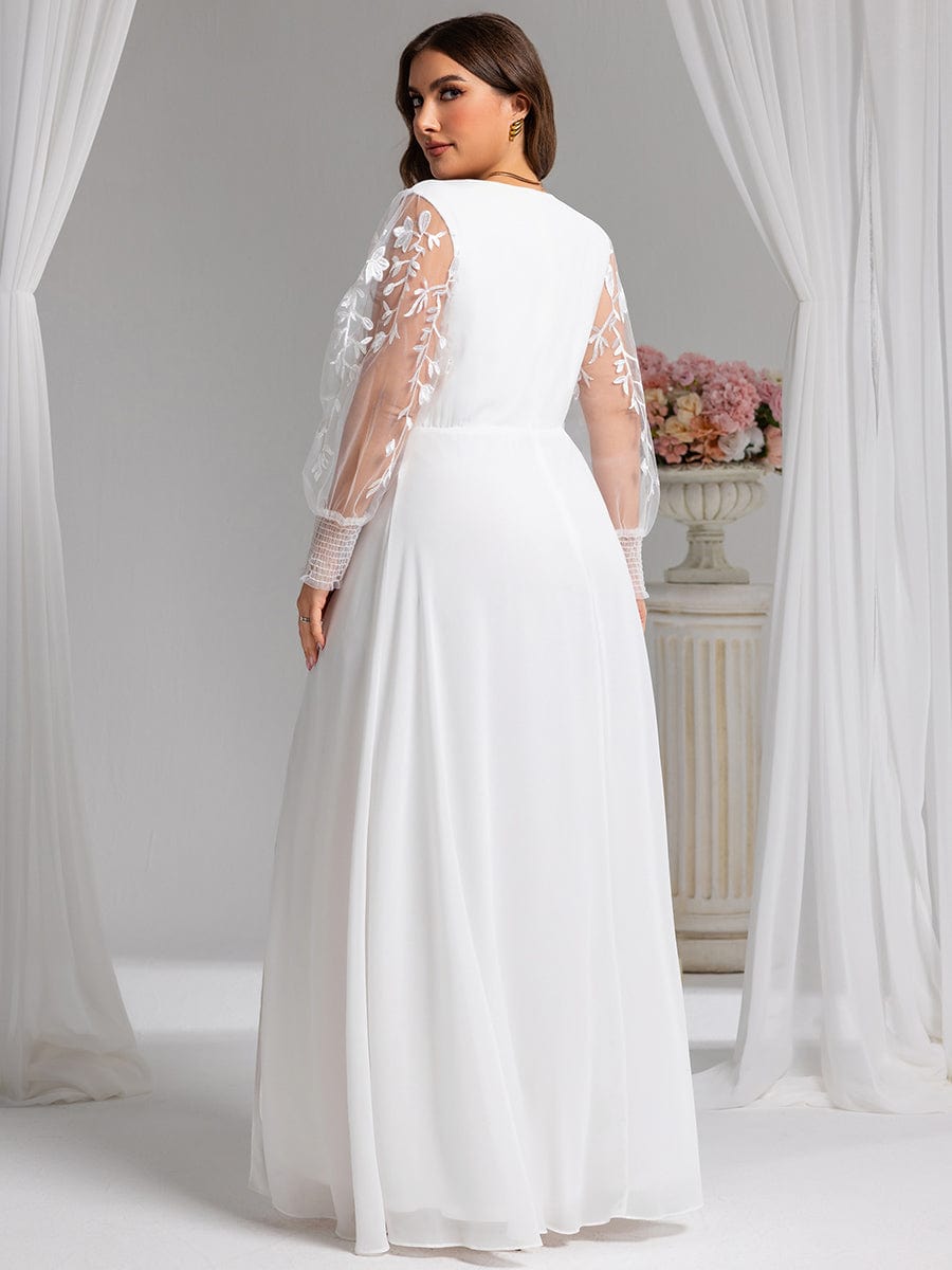 Thigh Split Chiffon Evening Maxi Dress With Sheer Embroidered Long Sleeves #color_White