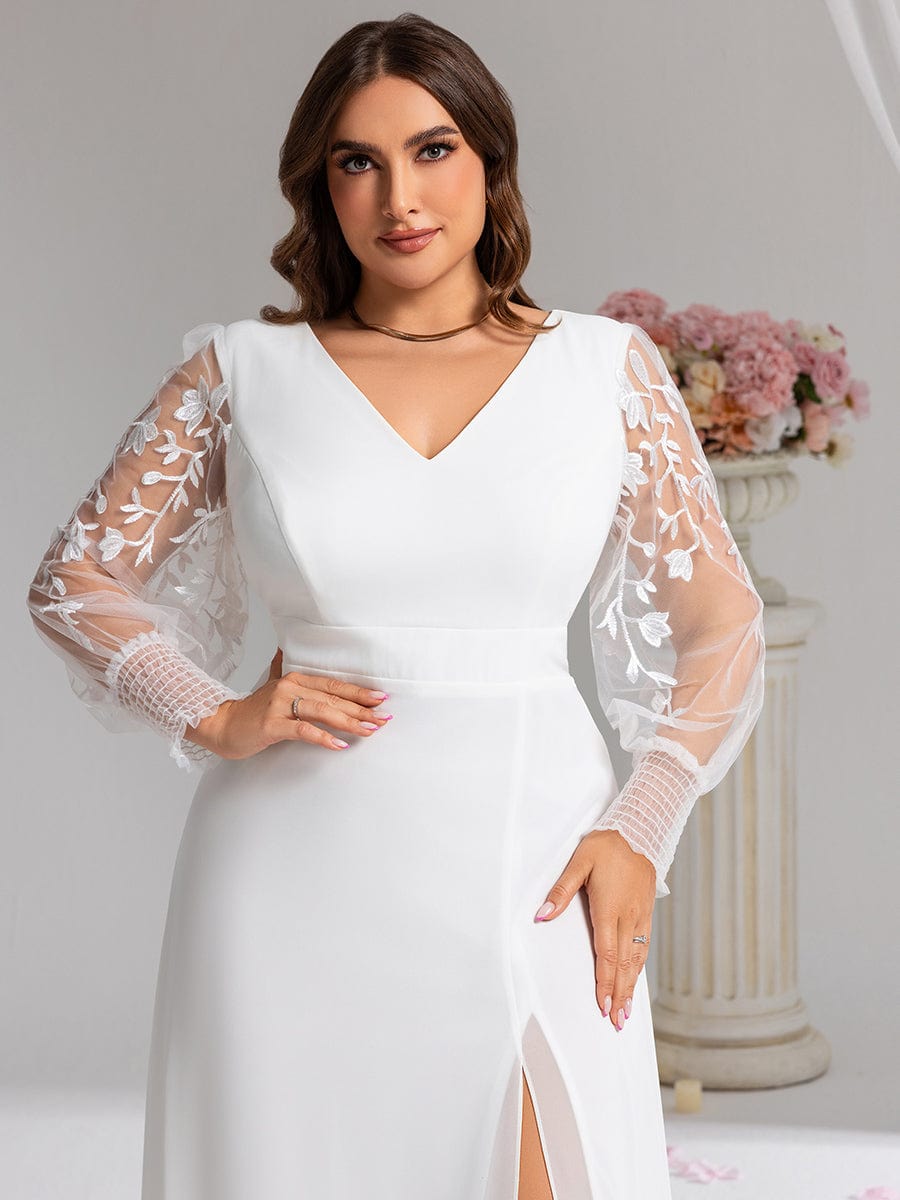 Thigh Split Chiffon Evening Maxi Dress With Sheer Embroidered Long Sleeves #color_White