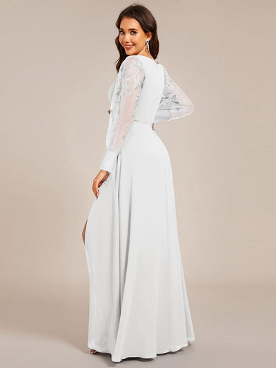 Thigh Split Chiffon Evening Maxi Dress With Sheer Embroidered Long Sleeves #color_White