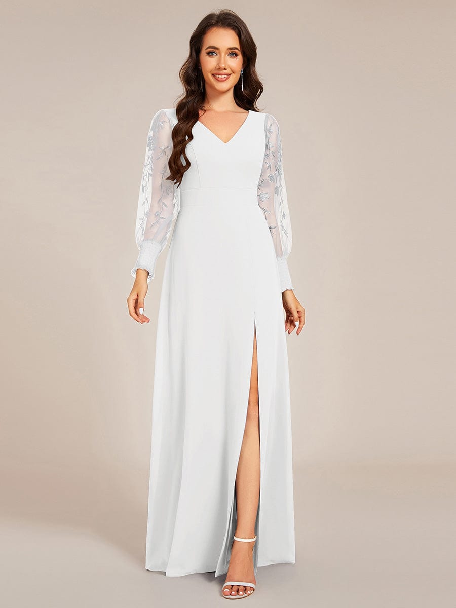 Thigh Split Chiffon Evening Maxi Dress With Sheer Embroidered Long Sleeves #color_White
