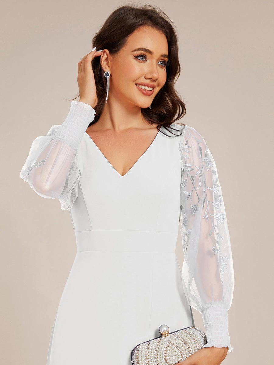 Thigh Split Chiffon Evening Maxi Dress With Sheer Embroidered Long Sleeves #color_White