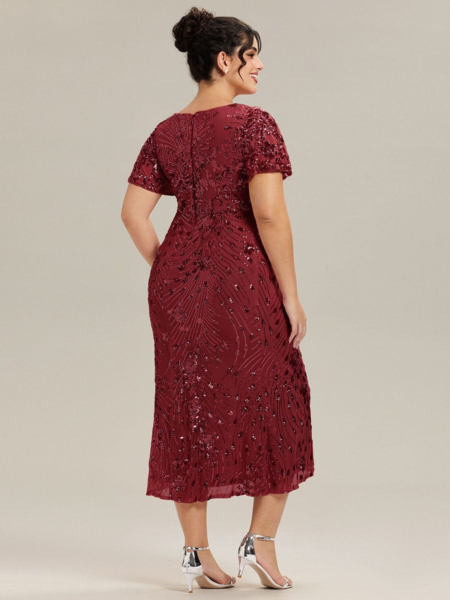 Sequin Ruffle Sleeve Evening Dress #color_Burgundy