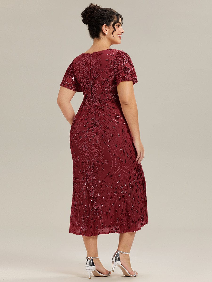 Sequin Ruffle Sleeve Evening Dress #color_Burgundy