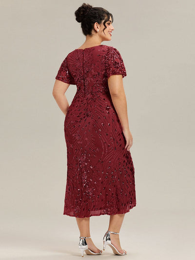Sequin Ruffle Sleeve Evening Dress #color_Burgundy