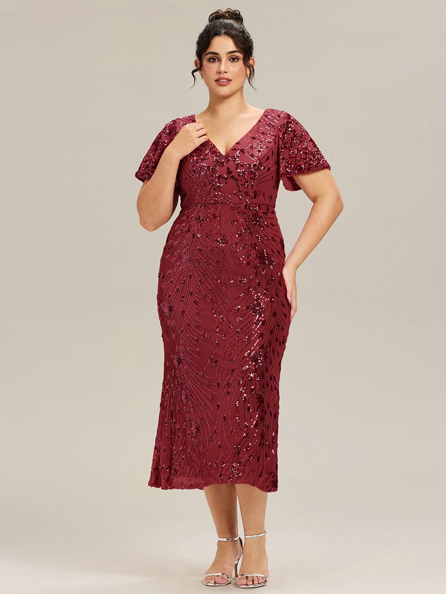 Sequin Ruffle Sleeve Evening Dress #color_Burgundy