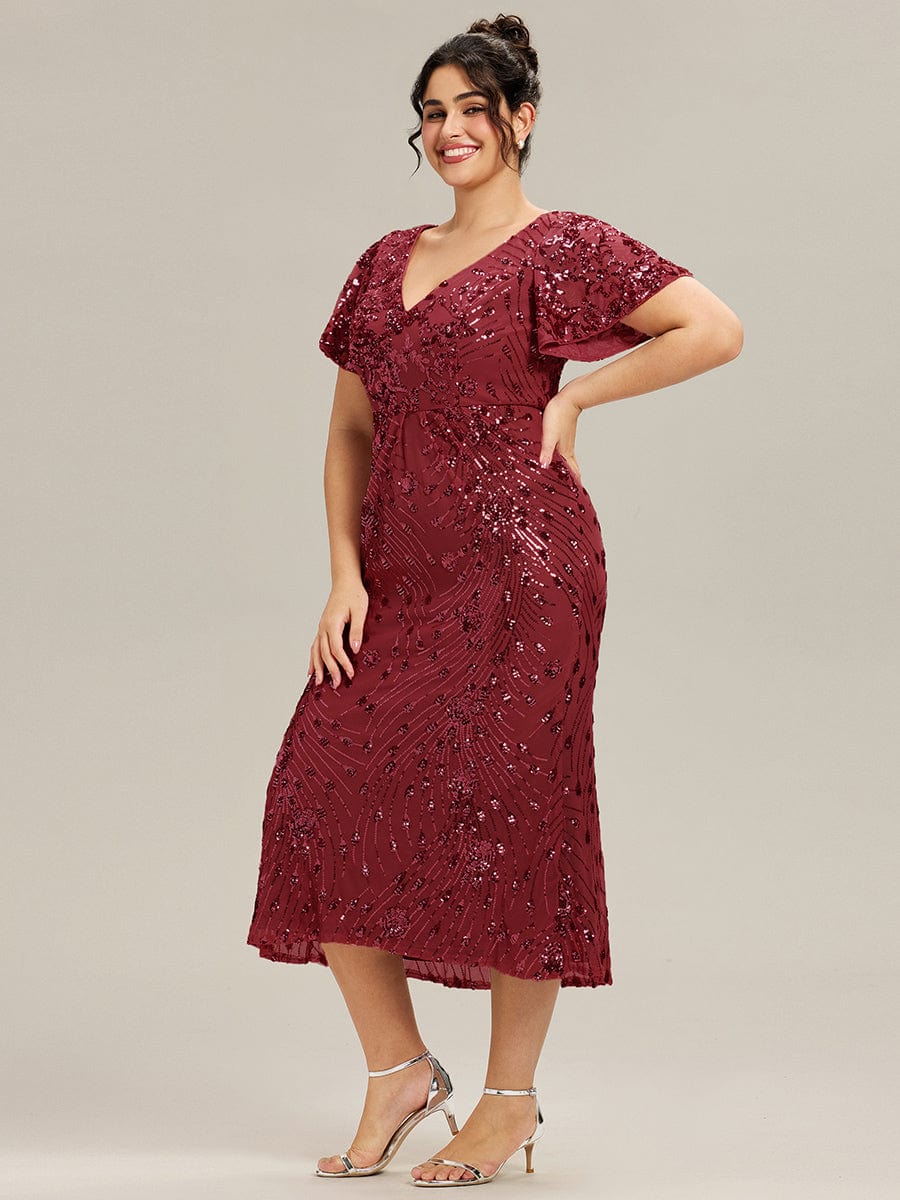 Sequin Ruffle Sleeve Evening Dress #color_Burgundy