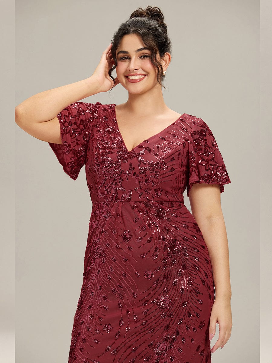 Sequin Ruffle Sleeve Evening Dress #color_Burgundy