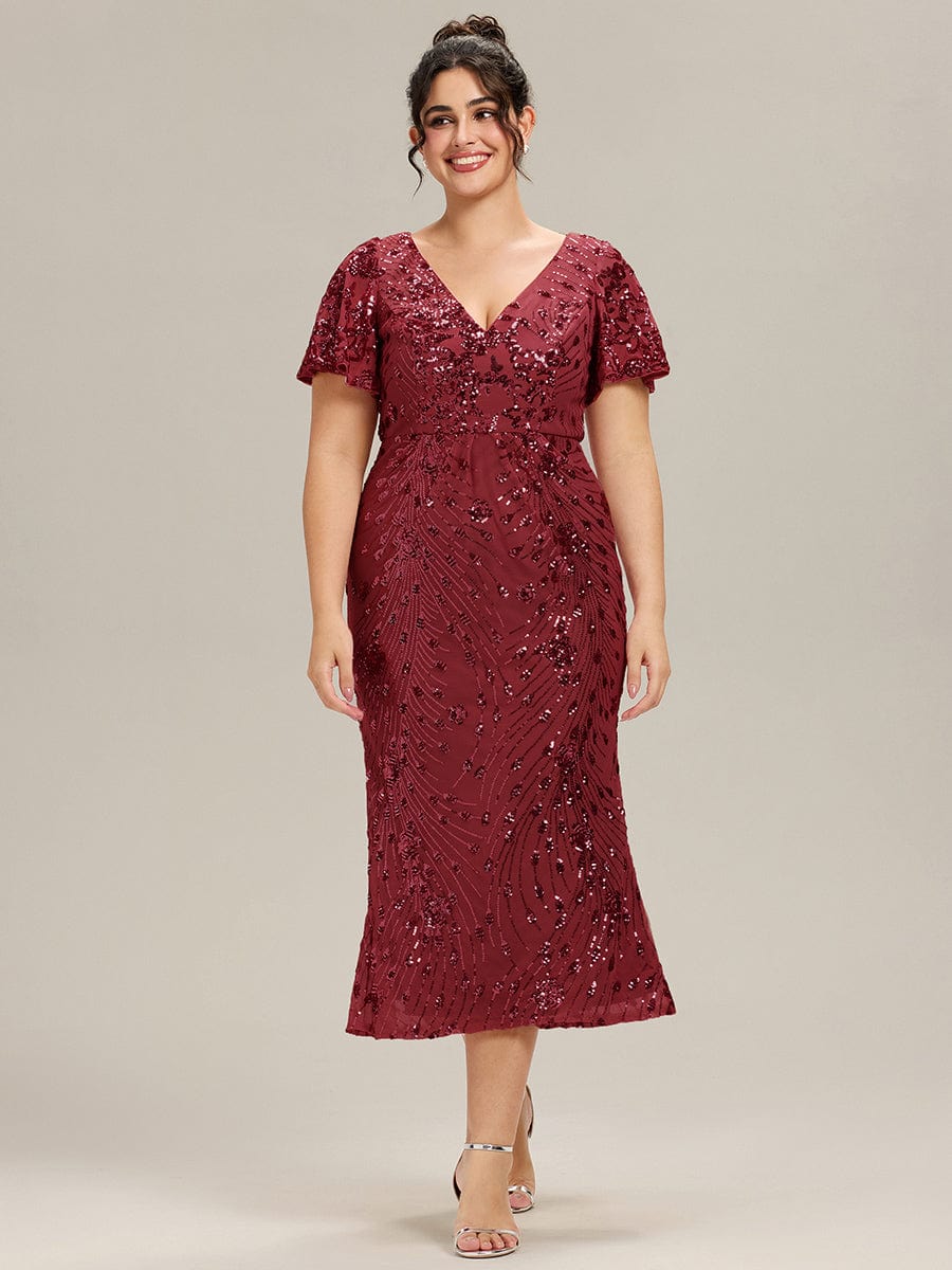 Sequin Ruffle Sleeve Evening Dress #color_Burgundy
