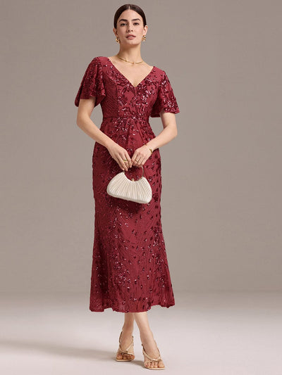 Sequin Ruffle Sleeve Evening Dress #color_Burgundy