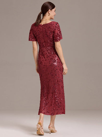 Sequin Ruffle Sleeve Evening Dress #color_Burgundy