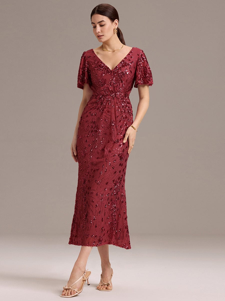 Sequin Ruffle Sleeve Evening Dress #color_Burgundy