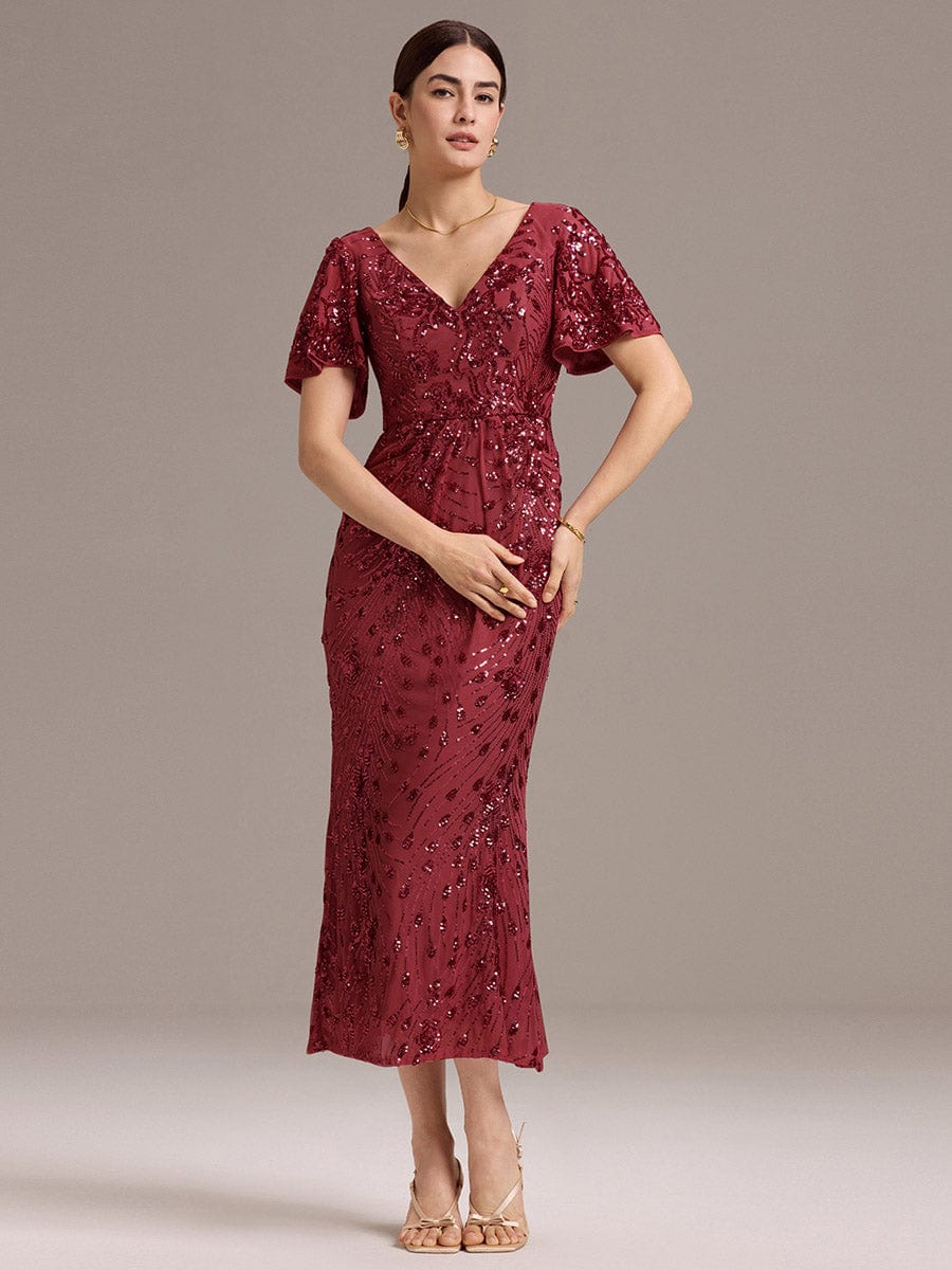 Sequin Ruffle Sleeve Evening Dress #color_Burgundy