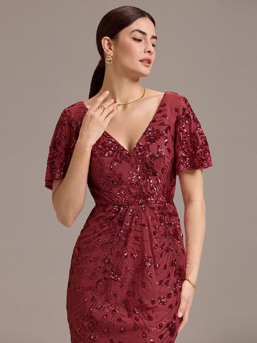 Sequin Ruffle Sleeve Evening Dress #color_Burgundy