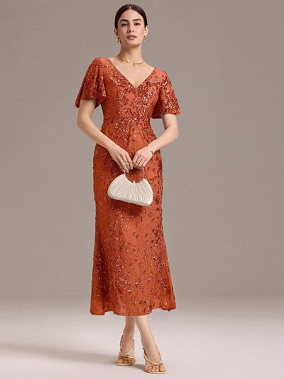 Sequin Ruffle Sleeve Evening Dress #color_Burnt Orange