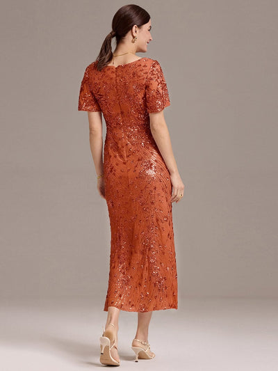 Sequin Ruffle Sleeve Evening Dress #color_Burnt Orange