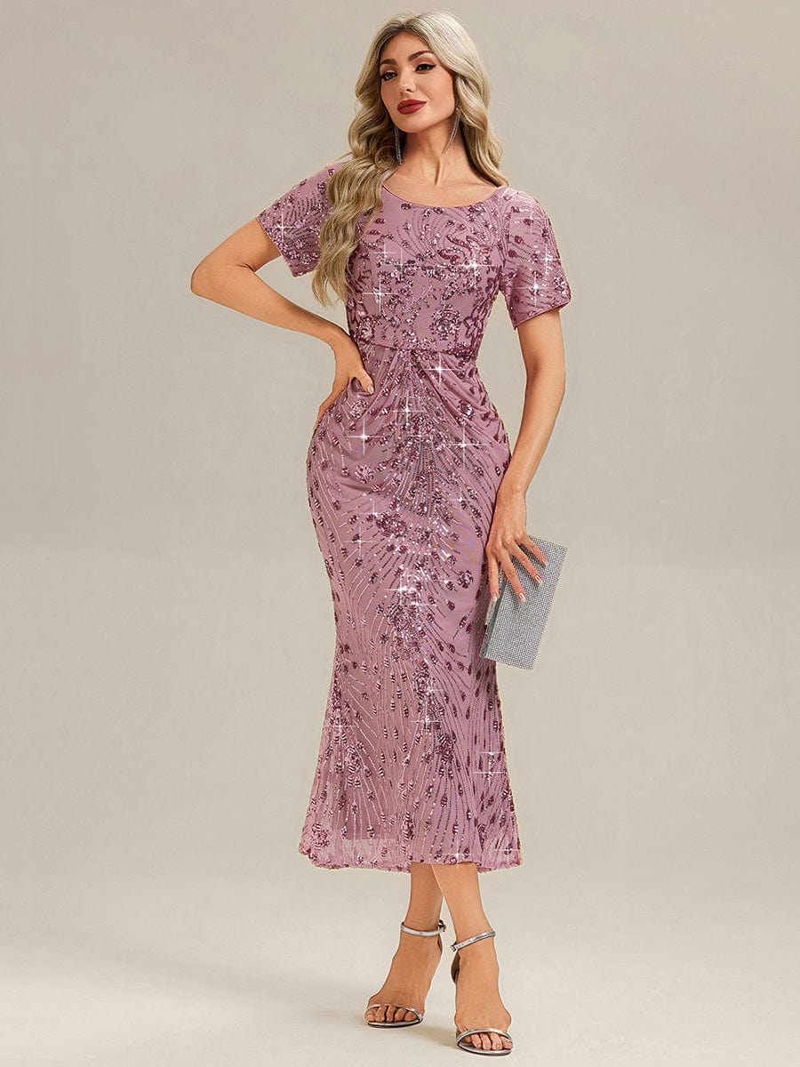 Sequin Mermaid Round Neck Evening Dress #color_Purple Orchid