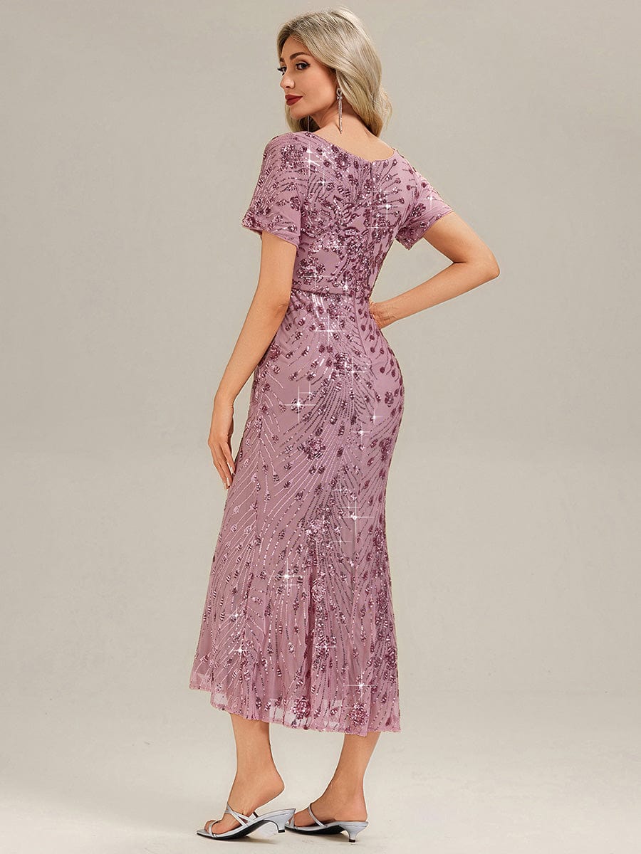 Sequin Mermaid Round Neck Evening Dress #color_Purple Orchid