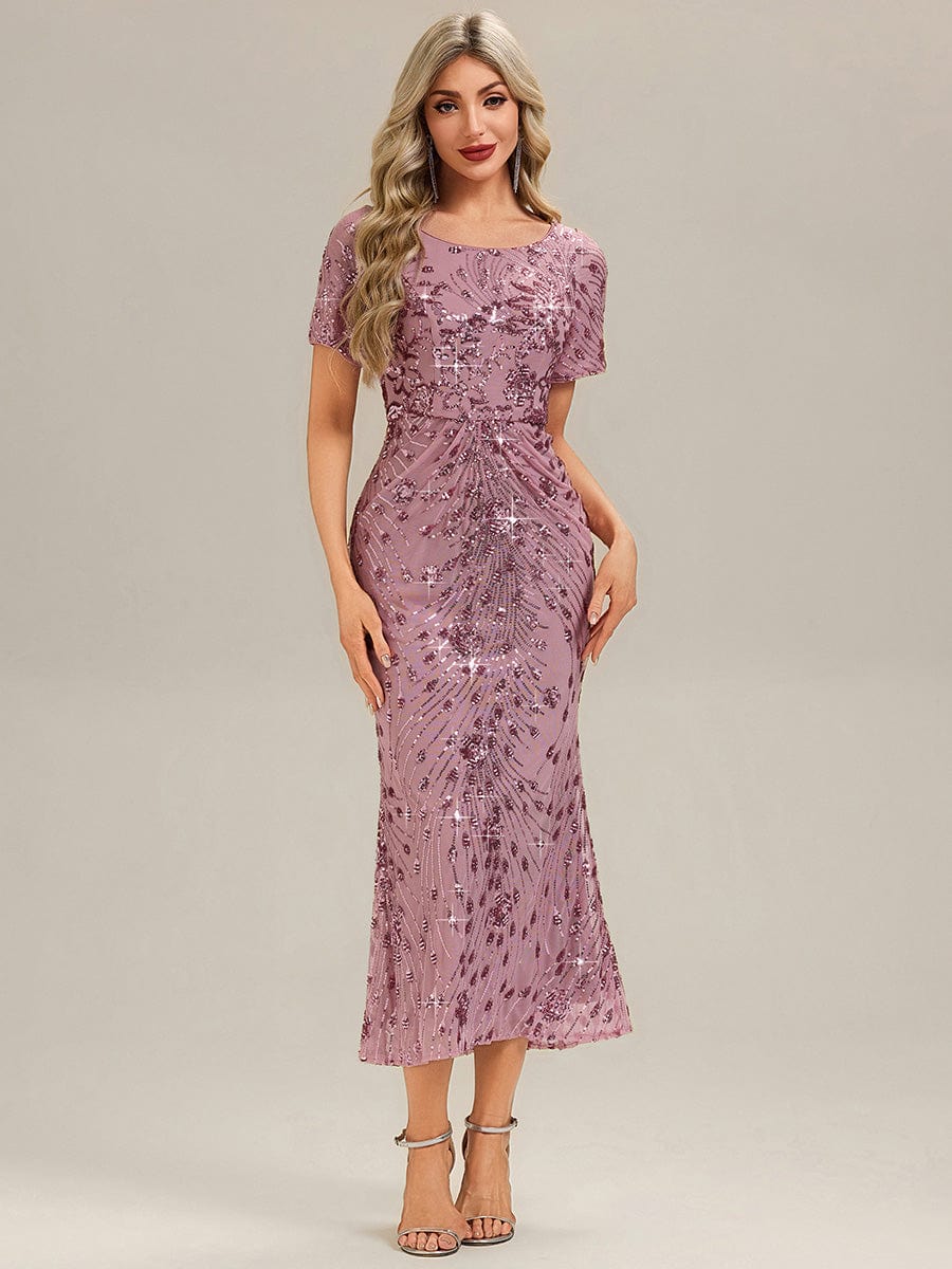 Sequin Mermaid Round Neck Evening Dress #color_Purple Orchid