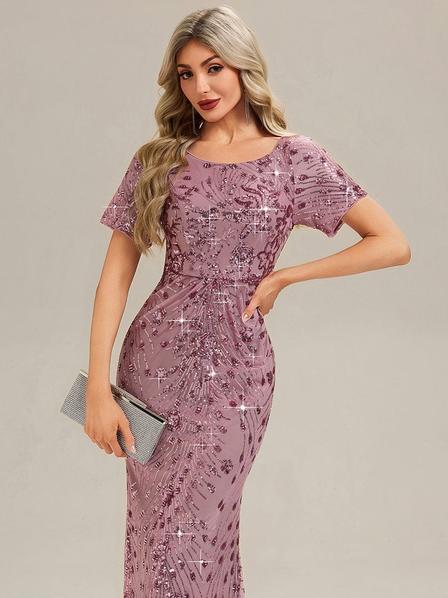 Sequin Mermaid Round Neck Evening Dress #color_Purple Orchid