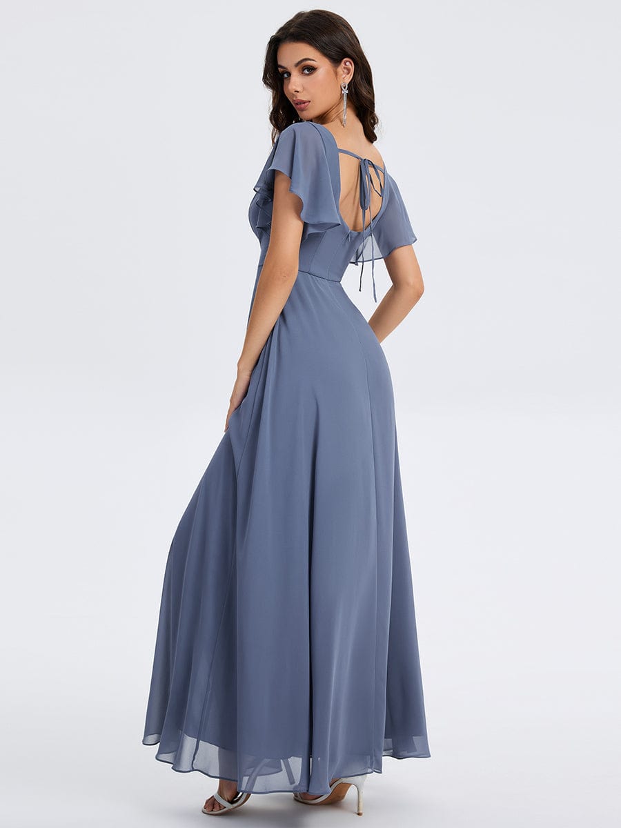 Floral Tie Back Ruffle Sleeves Square Neck Maxi Evening Dress #color_Dusty Blue