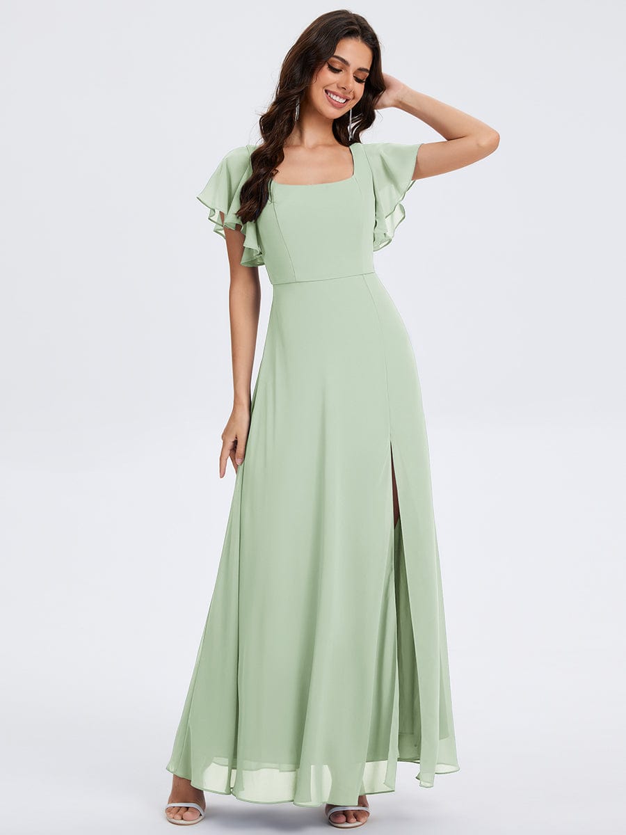 Floral Tie Back Ruffle Sleeves Square Neck Maxi Evening Dress #color_Mint Green