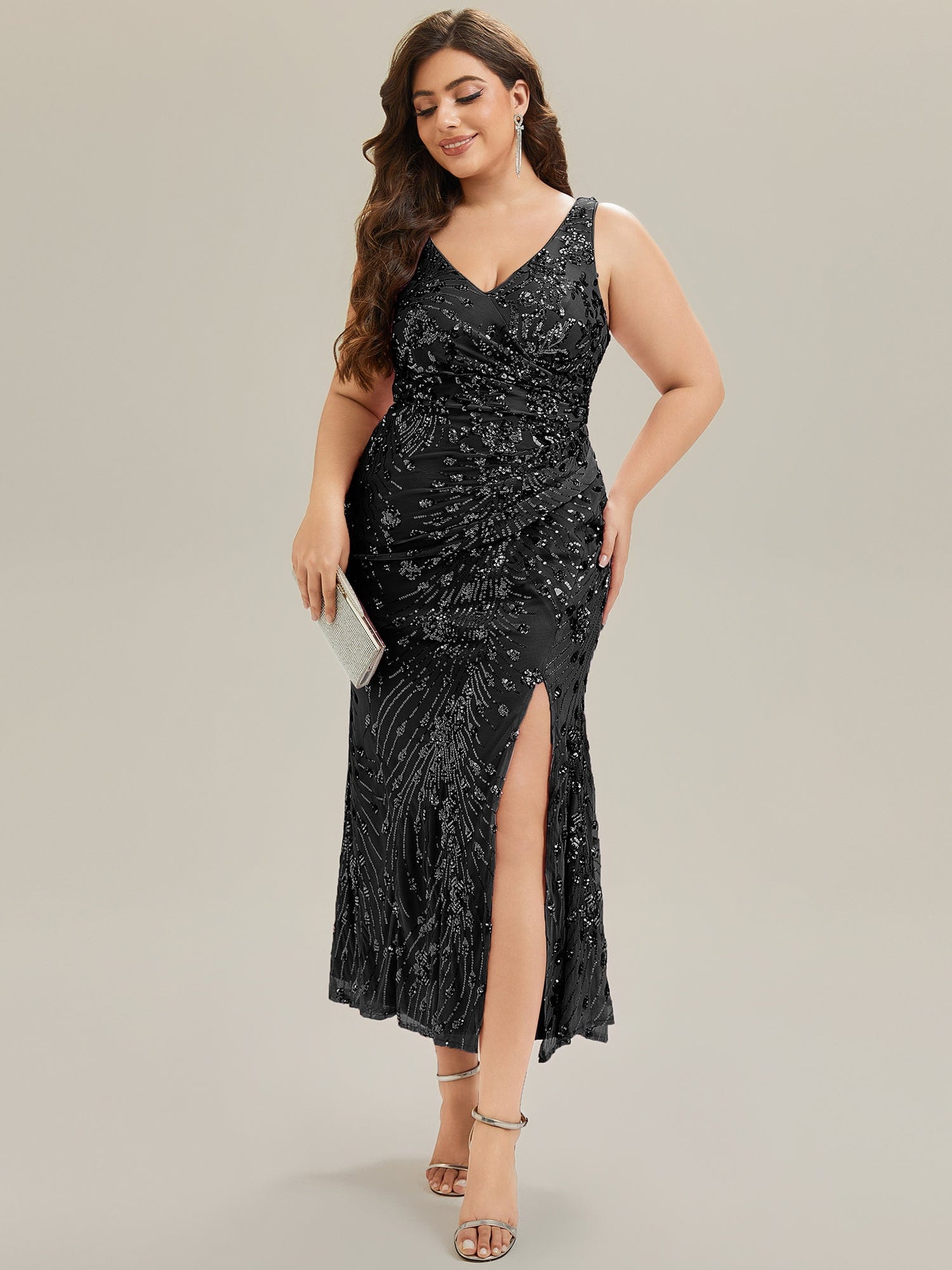 Knotted Sequin Sleeveless Evening Dress #color_Black