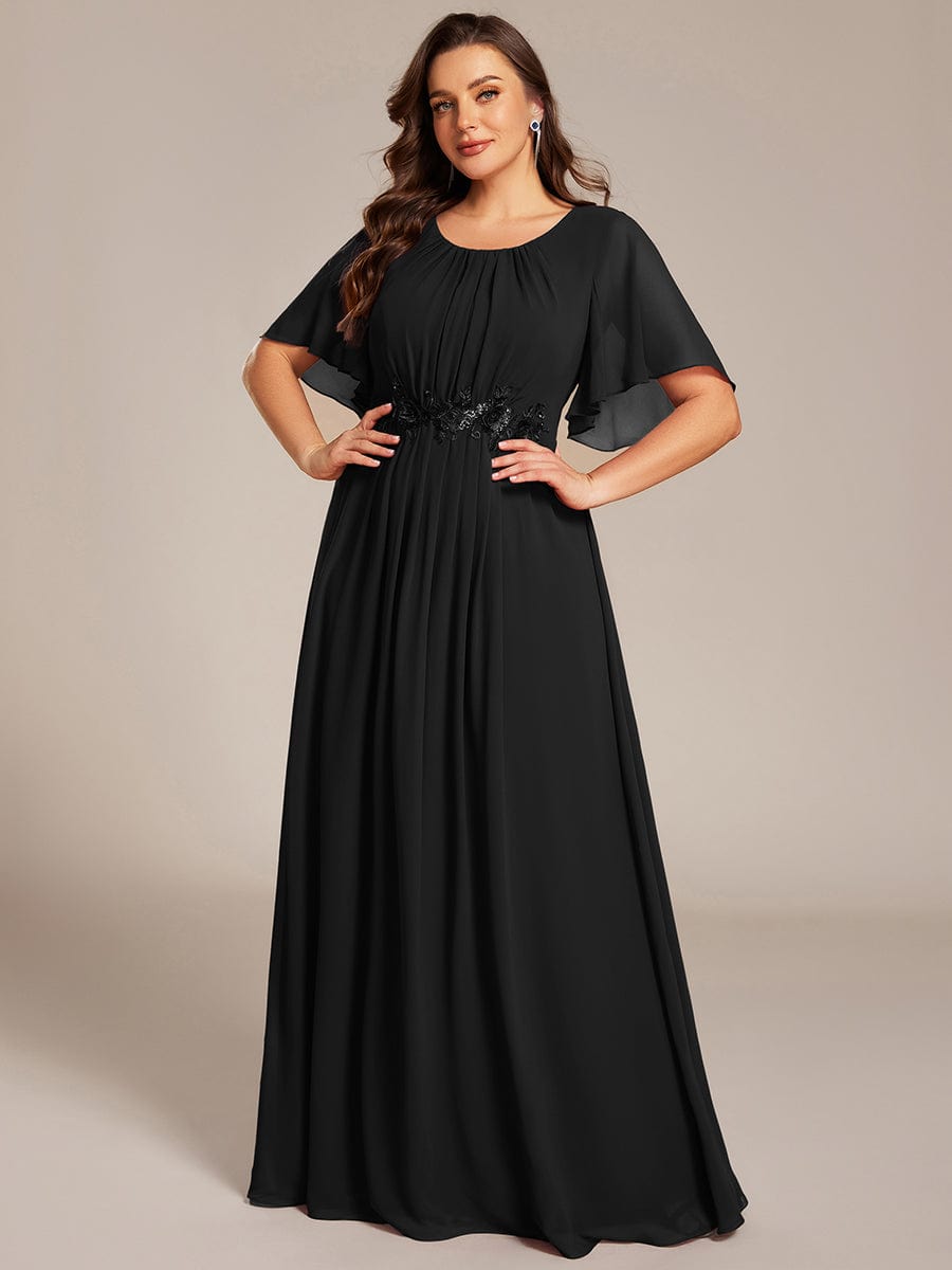 Pleated Short Sleeve Ruffled Maxi Evening Dress #color_Black