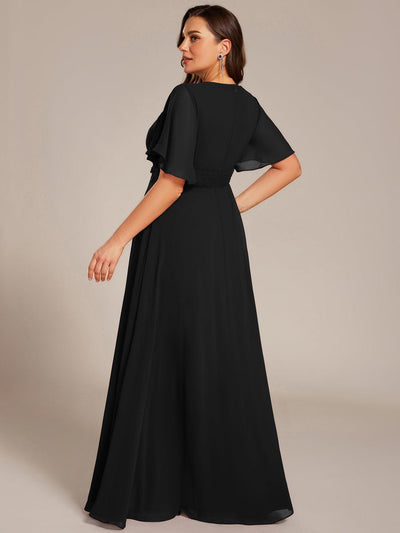 Pleated Short Sleeve Ruffled Maxi Evening Dress #color_Black