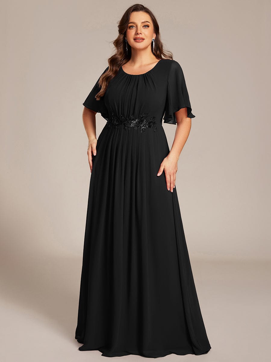Pleated Short Sleeve Ruffled Maxi Evening Dress #color_Black