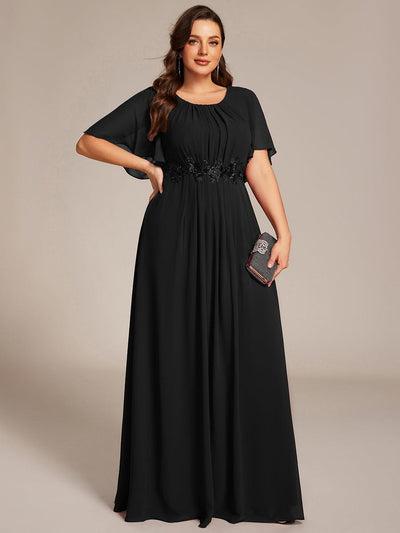 Pleated Short Sleeve Ruffled Maxi Evening Dress #color_Black