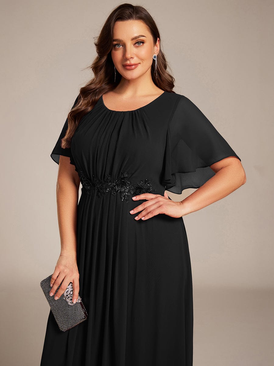 Pleated Short Sleeve Ruffled Maxi Evening Dress #color_Black