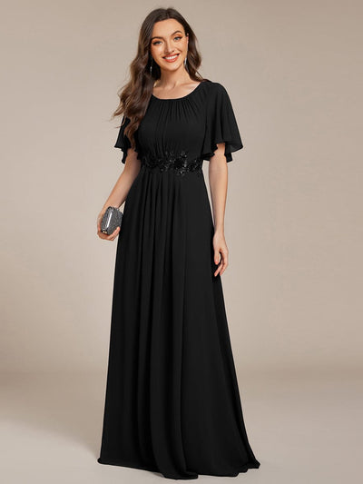 Pleated Short Sleeve Ruffled Maxi Evening Dress #color_Black